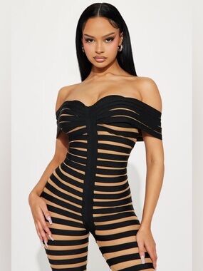 Fashion Nova BADDIE Navaeh Tan & Black Sheer Mesh Bandage Jumpsuit Med NEW